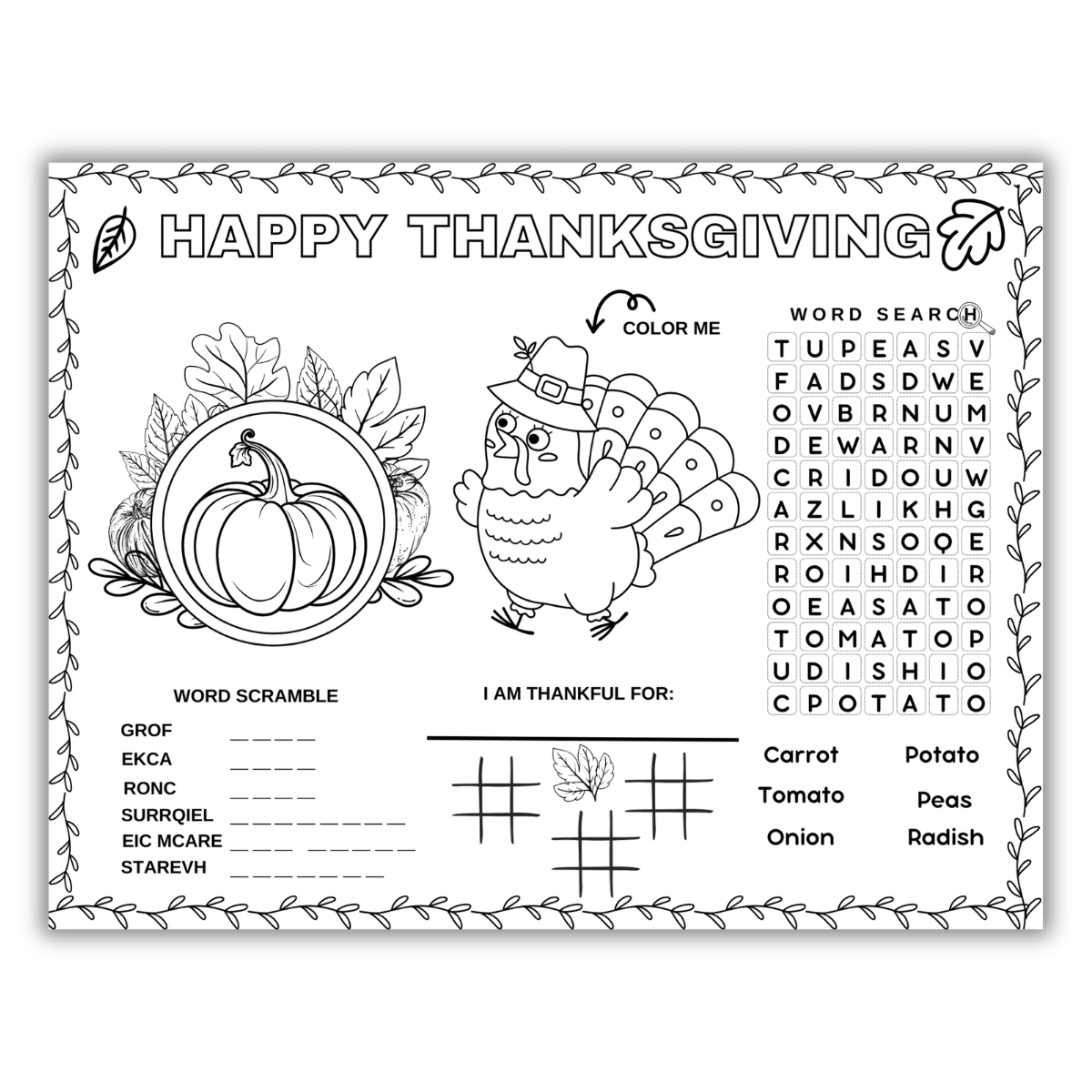 Kids Thanksgiving activity placemats
