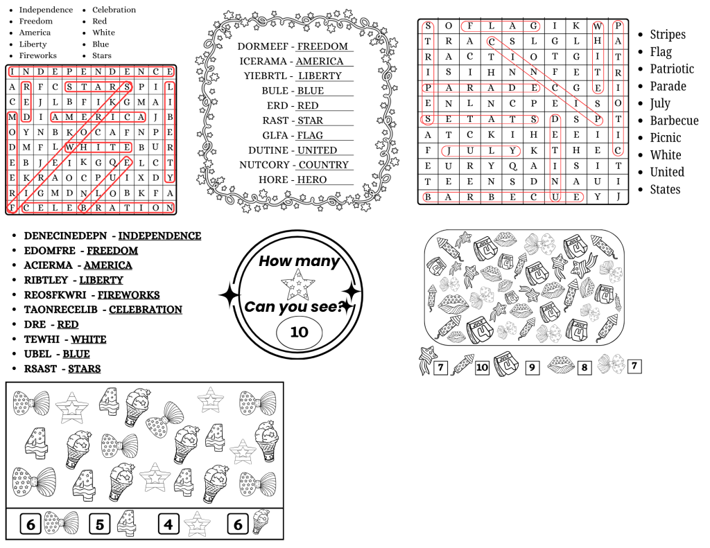 4th of July Activity Placemat answers