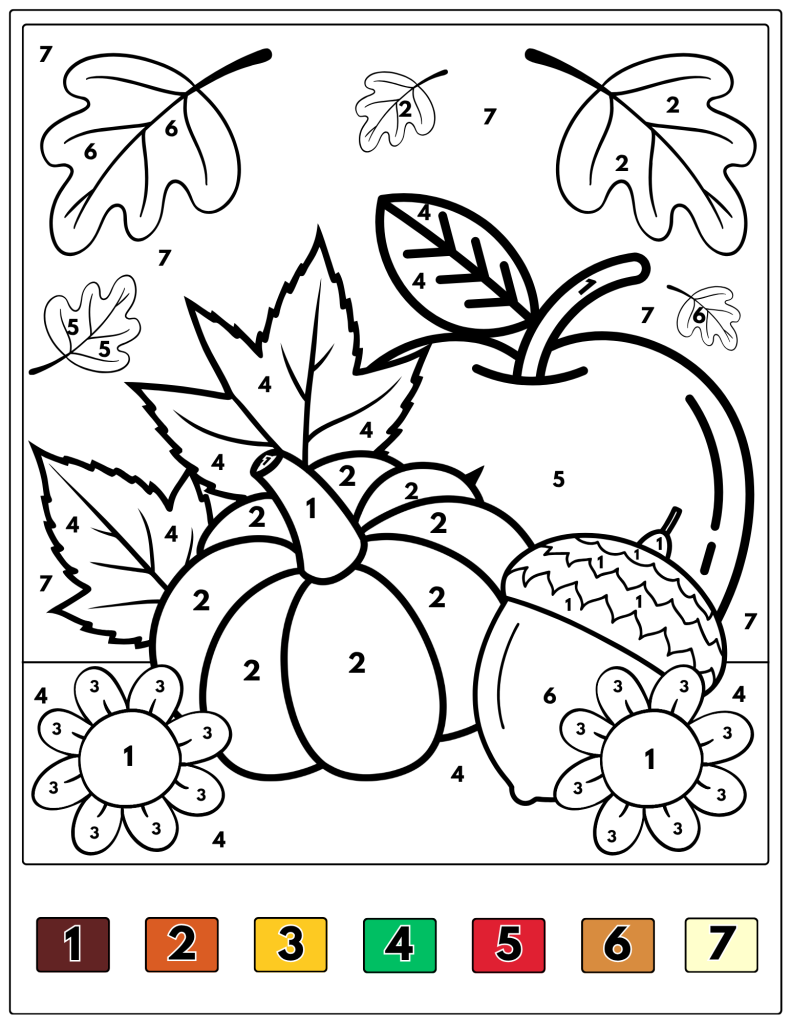 A pumpkin, apple, corn, and other fall produce are arranged with autumn leaves.
