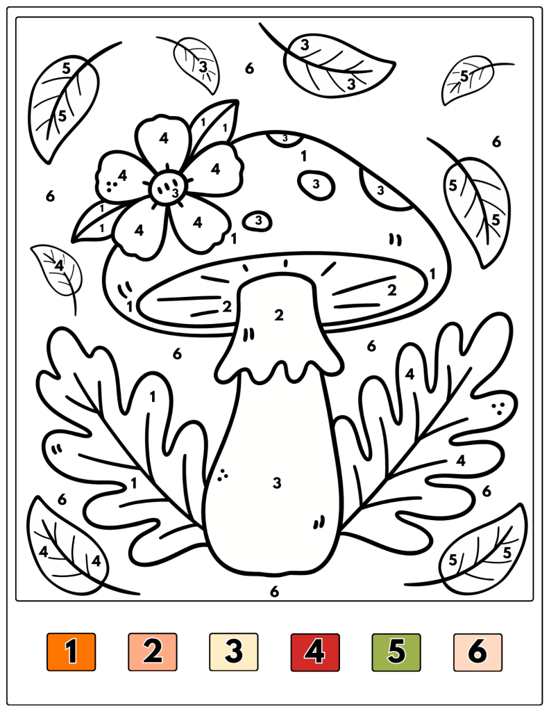A large spotted mushroom is surrounded by oak leaves and a small flower.