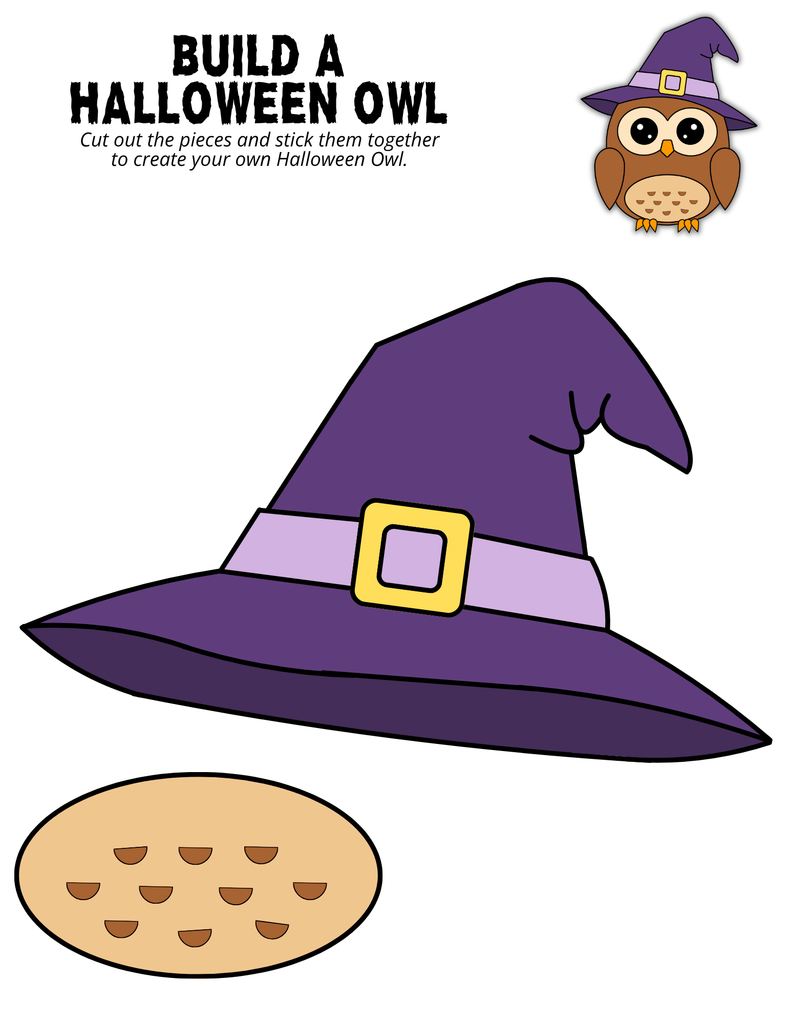 Color and assemble a cute owl wearing a witch hat
