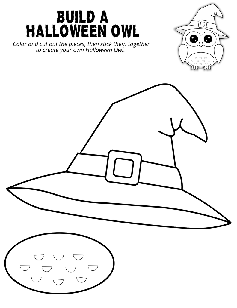 Color and assemble a witch-themed owl using the included pieces