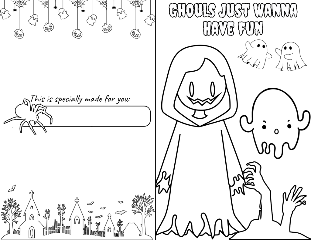 A playful ghost character surrounded by other spooky friends and Halloween fun.