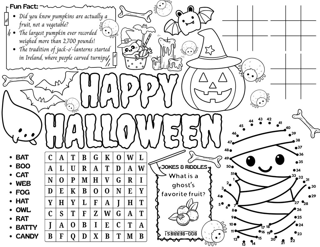 Kids Halloween Activity Placemats - Fun Coloring Sheets