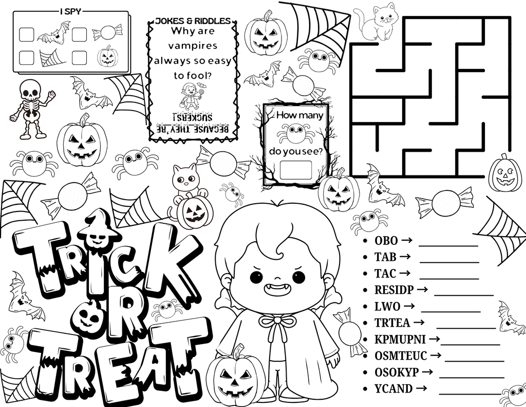 Kids Halloween Activity Placemats - Fun Coloring Sheets