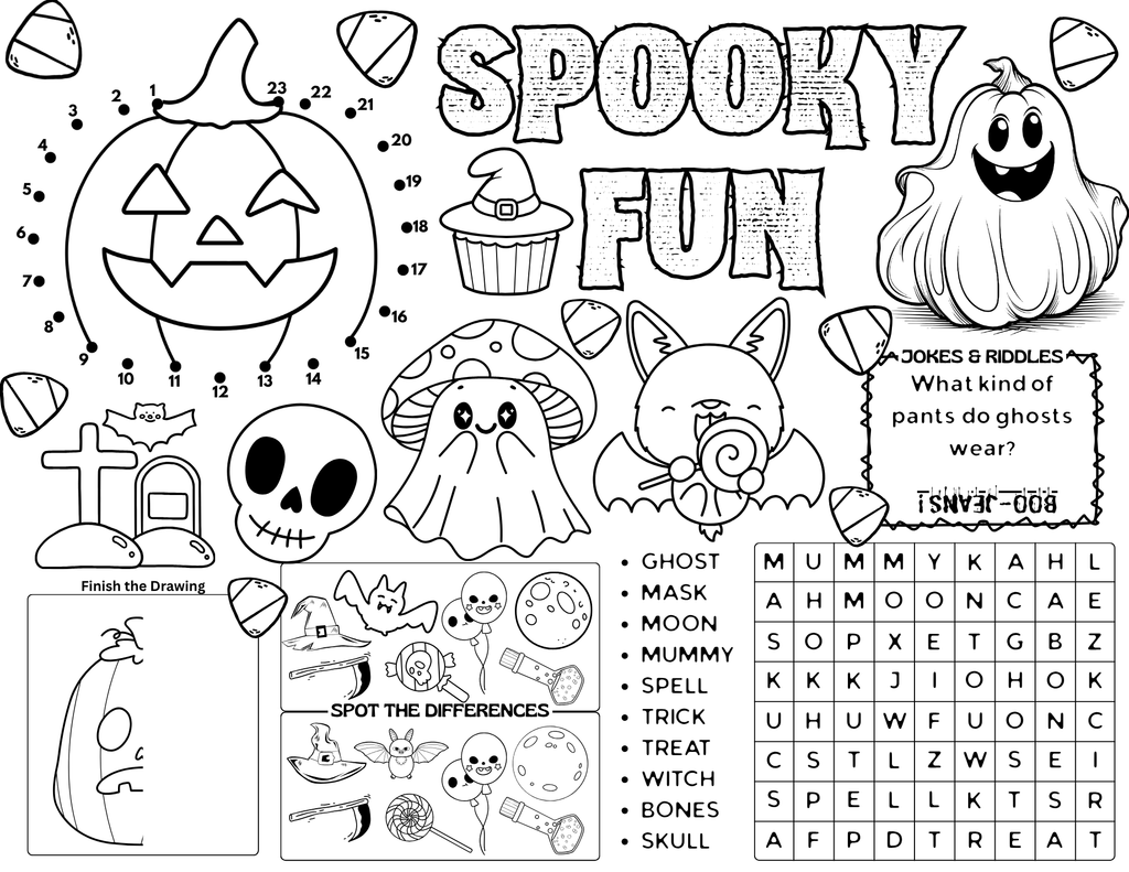 Kids Halloween Activity Placemats - Fun Coloring Sheets