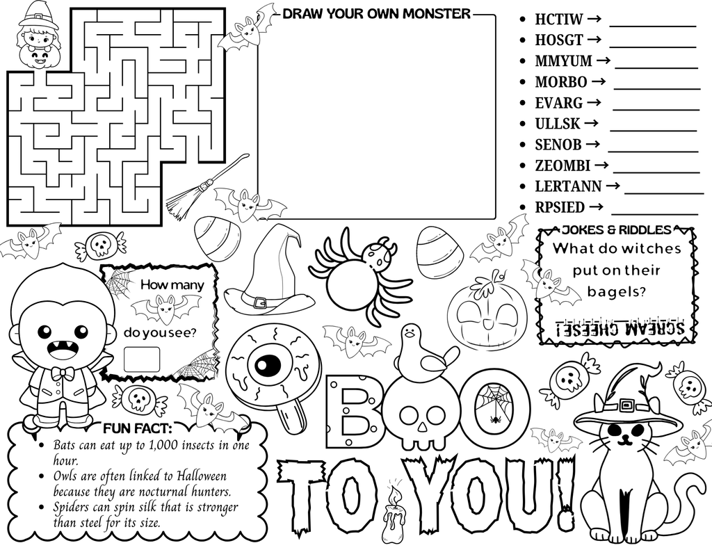 A Halloween activity page with a maze, word search, jokes, and spooky challenges.