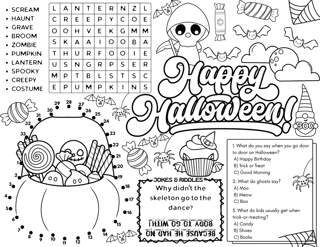 Kids Halloween Activity Placemats - Fun Coloring Sheets