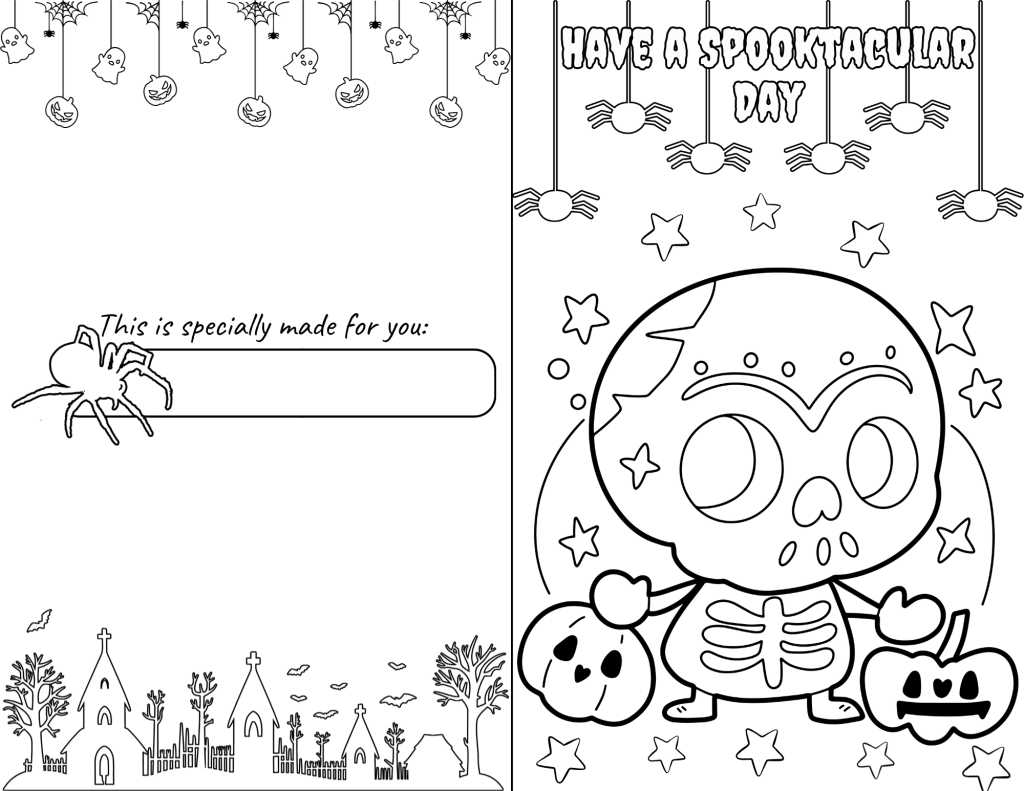 A cheerful Halloween greeting featuring a cute skeleton-inspired character and spooky treats.