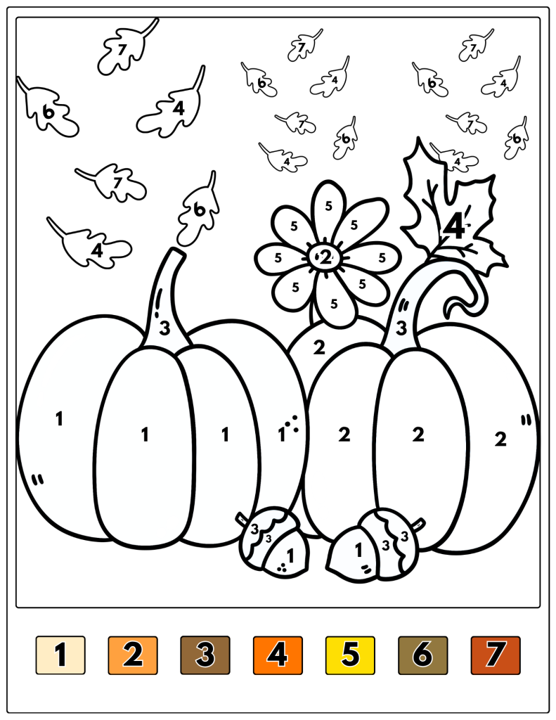 Two large pumpkins sit beside a sunflower and small gourds beneath falling leaves.
