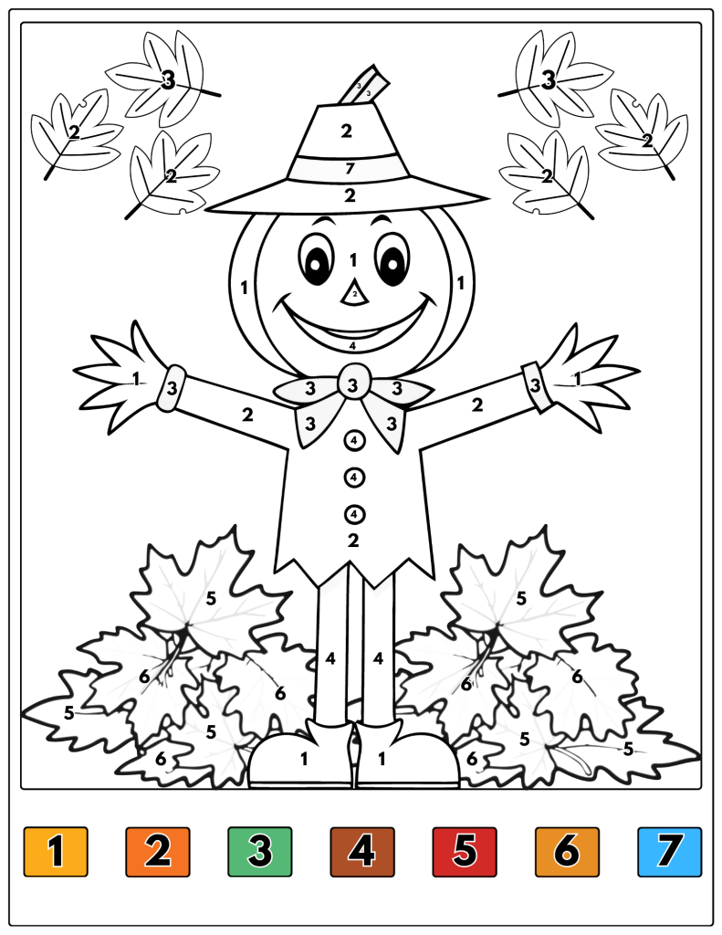 A smiling pumpkin-headed scarecrow stands among piles of autumn leaves.