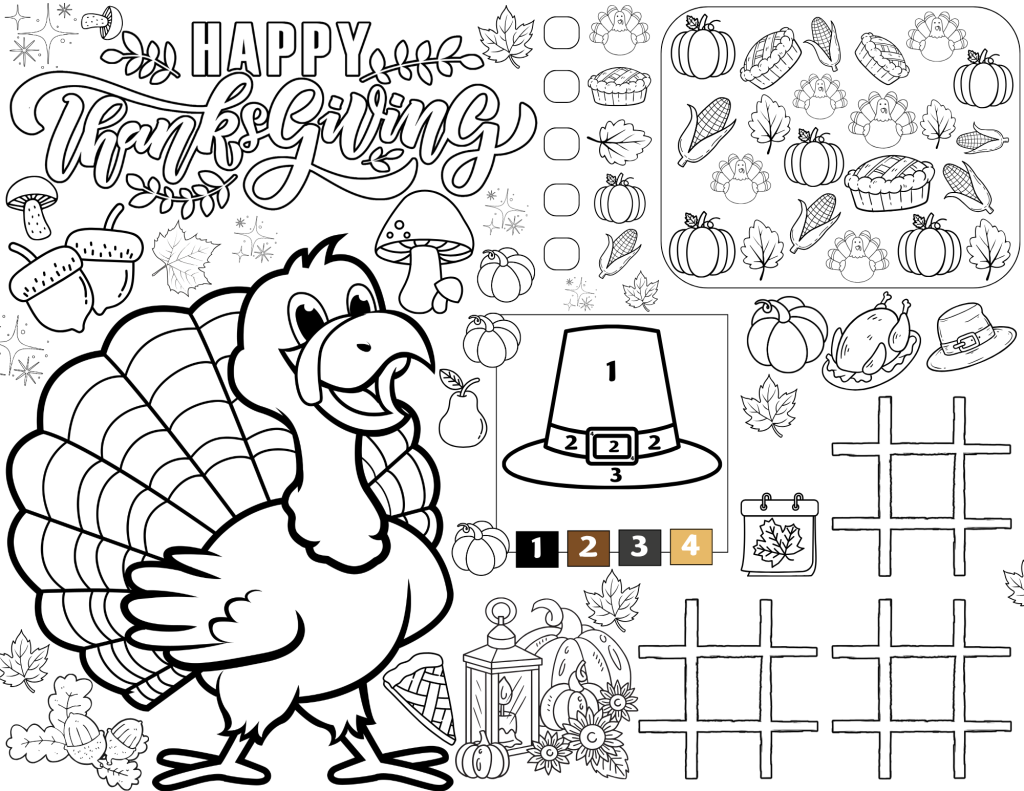 A fun Thanksgiving-themed placemat with coloring, counting, and simple activities
