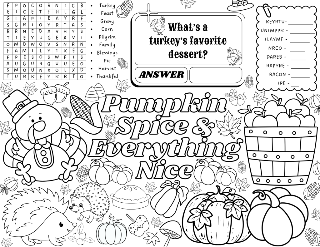 A festive collection of Thanksgiving puzzles, coloring activities, and games