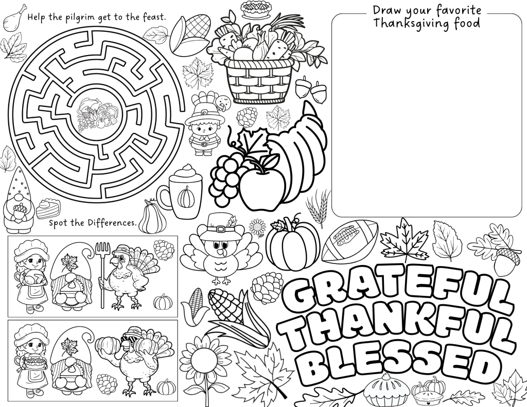 An interactive Thanksgiving placemat featuring a maze, coloring, drawing, and gratitude activities