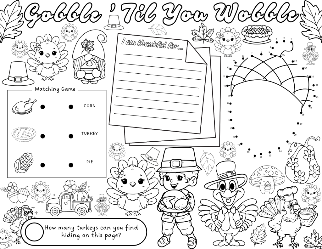 A gratitude-themed activity sheet with coloring, writing, and fun Thanksgiving activities