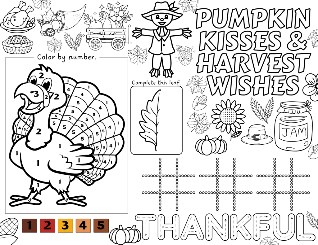 A cute turkey-themed placemat with coloring, matching, counting, and Thanksgiving activities
