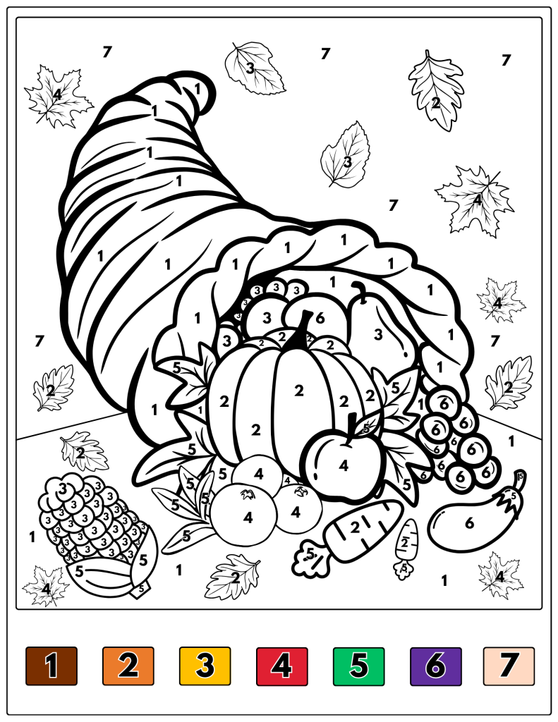 A cornucopia overflows with pumpkins, apples, grapes, and other fall harvest foods.