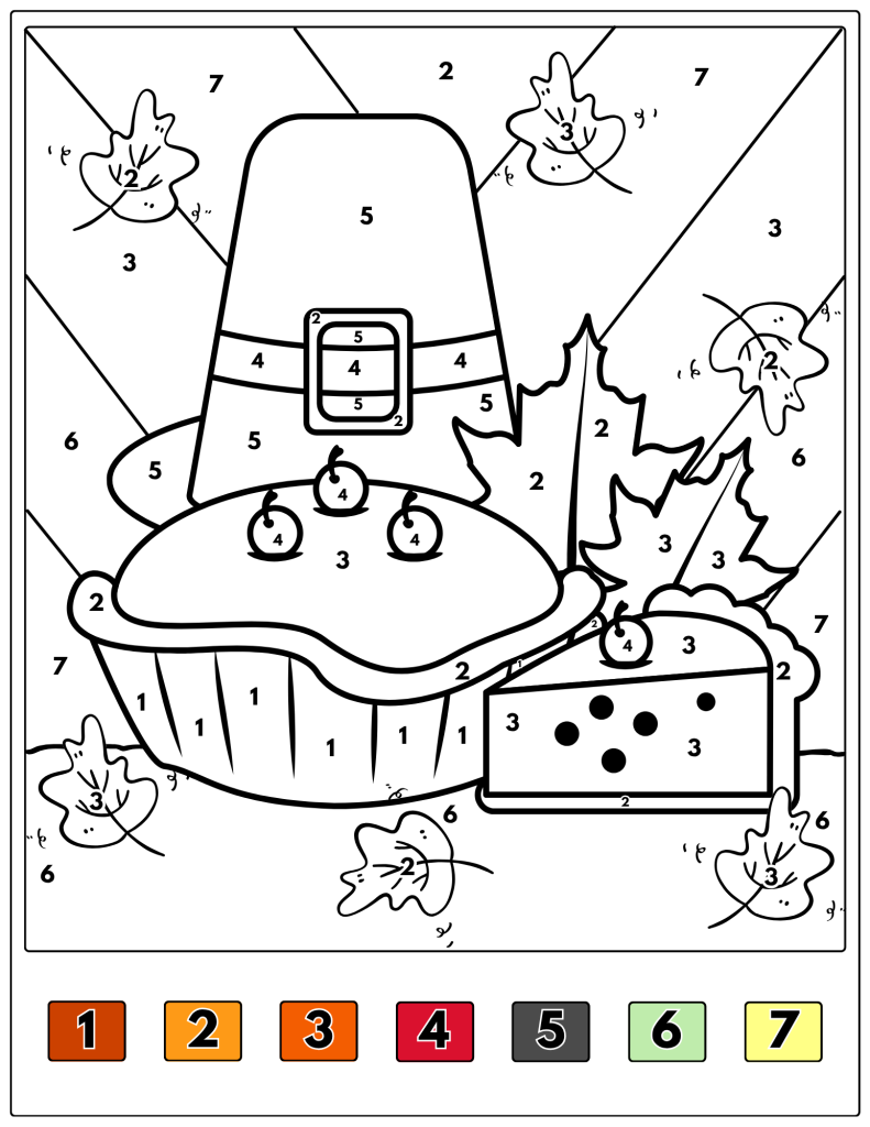 A Thanksgiving pie and a slice of pie are decorated with autumn leaves and a pilgrim hat.