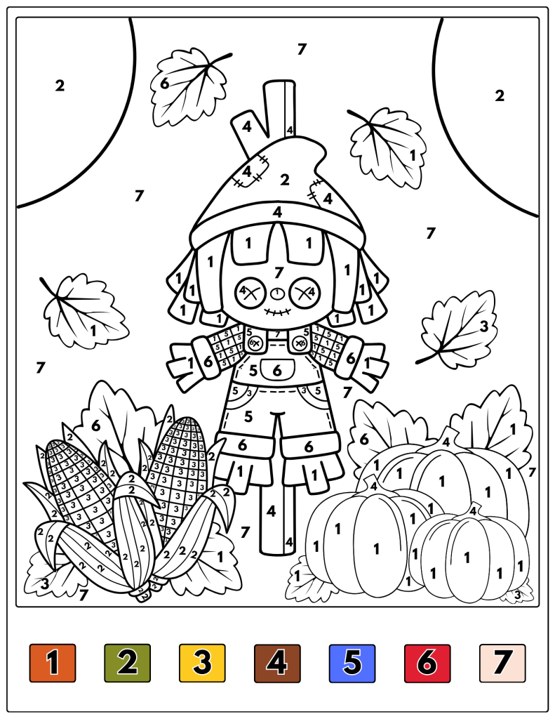 A scarecrow stands in a field beside pumpkins and a bundle of corn.