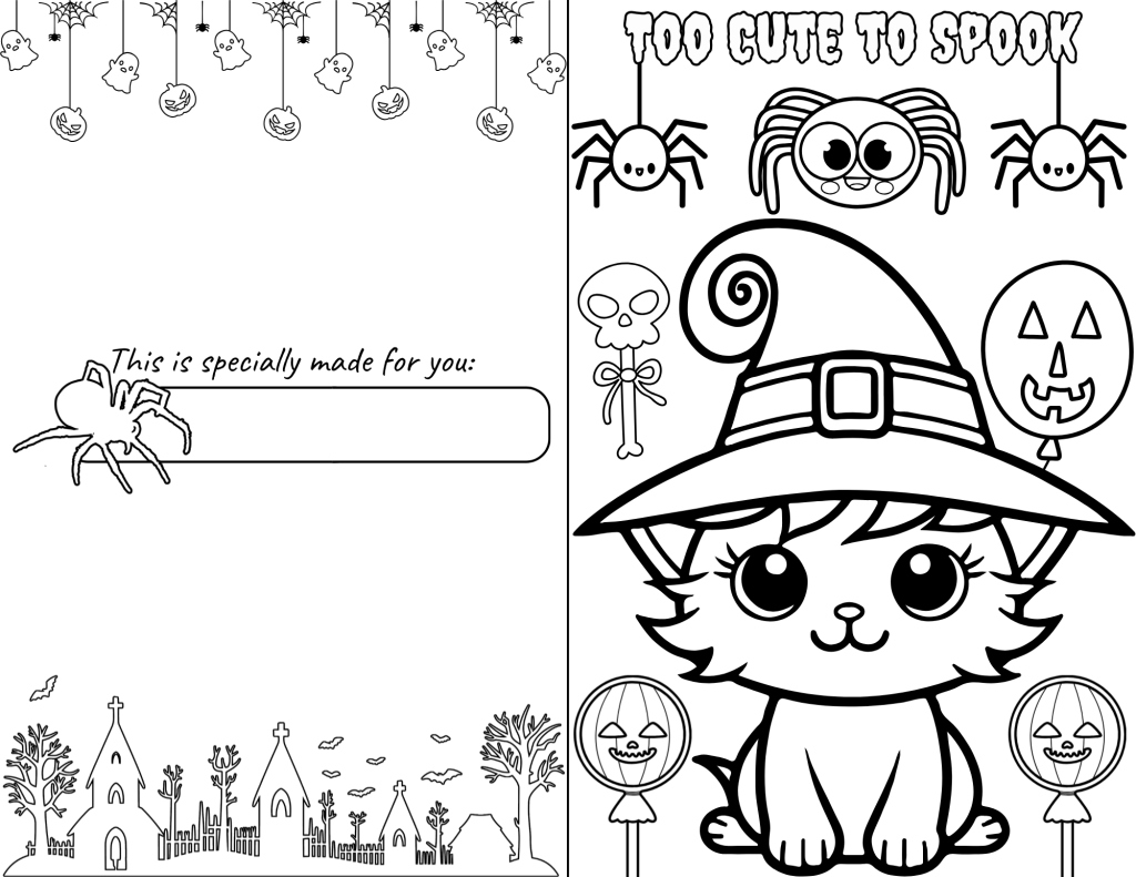 A cute witchy cat surrounded by Halloween decorations and ready to get spooky.