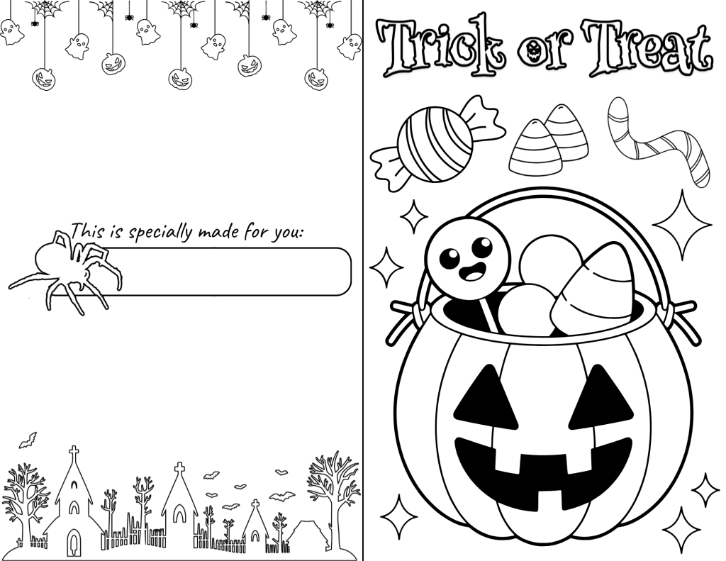 A classic Halloween scene with a jack-o'-lantern filled with treats and ready for trick-or-treaters.