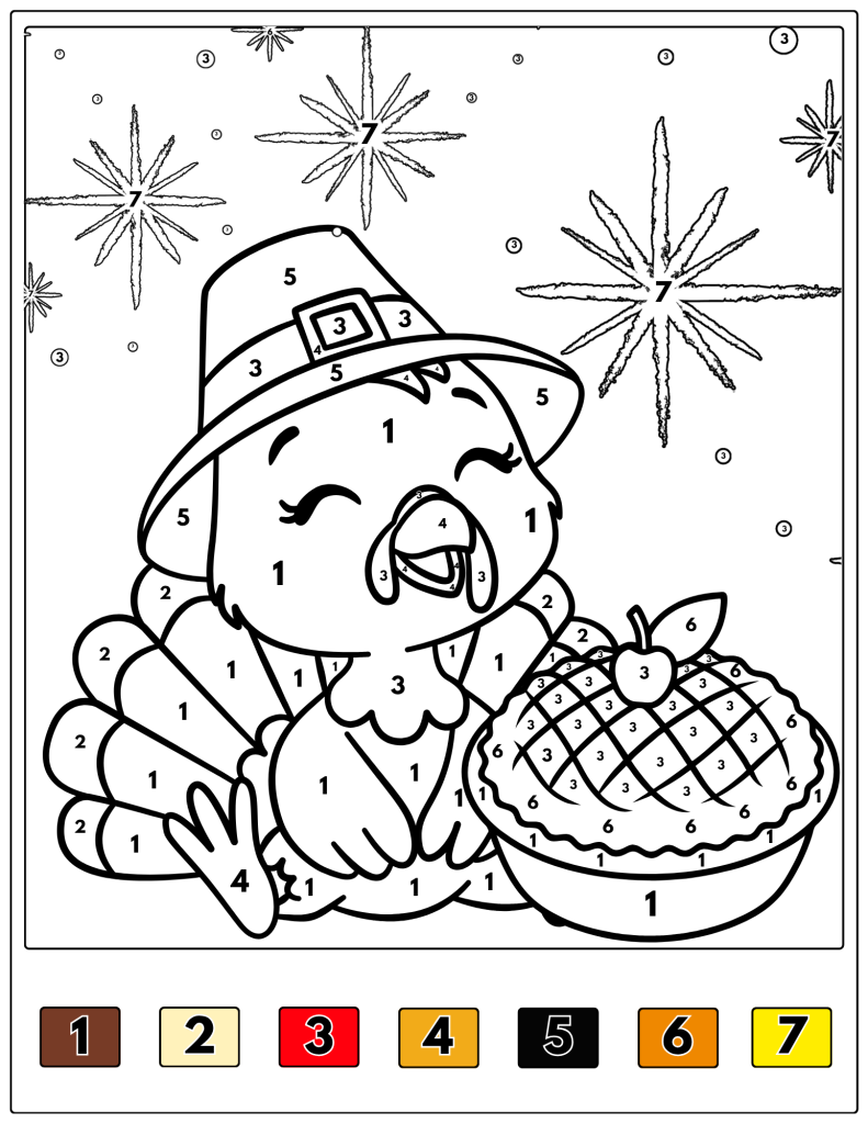 A happy turkey in a pilgrim hat sits beside a lattice-topped pumpkin pie.