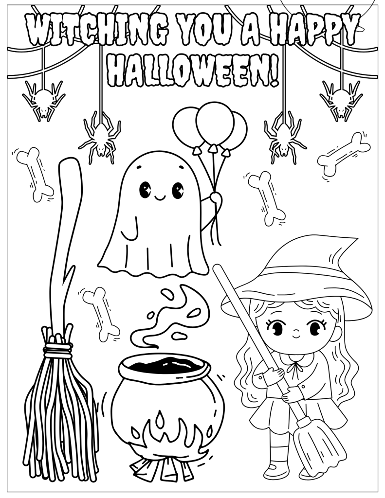 A witch, ghost, cauldron, broom, and spiderwebs